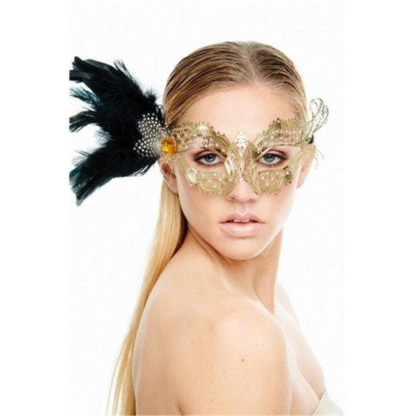Kayso Mysterious Elegance Gold Laser Cut Masquerade Mask with Black Feather Arrangement One Size FK2002GD